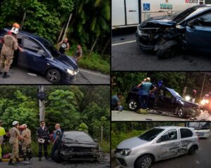 Colisão deixa carros destruídos e provoca congestionamento próximo ao Aeroporto de Manaus