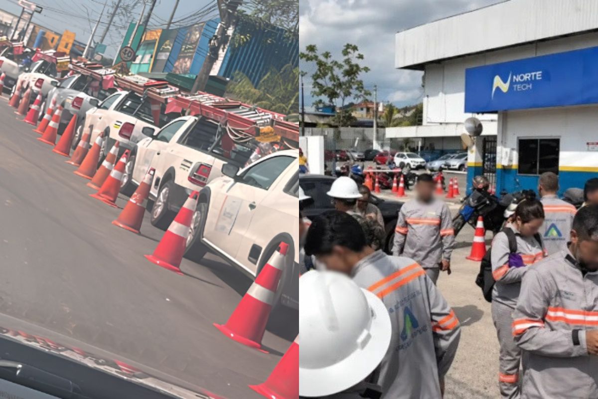 Paralisação de eletricistas em Manaus reúne trabalhadores terceirizados da Norte Tech, prestadora da Âmbar Energia.